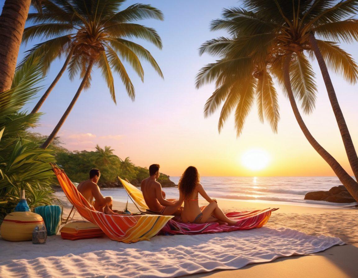 A romantic beach scene with a couple lounging in stylish swimwear, surrounded by tropical palm trees and colorful beach towels. The setting sun casts a warm glow, creating an intimate ambiance, with playful waves lapping at their feet. Include subtle hints of adventure such as a kayak and beach gear nearby, enhancing the getaway vibe. vibrant colors. super-realistic.