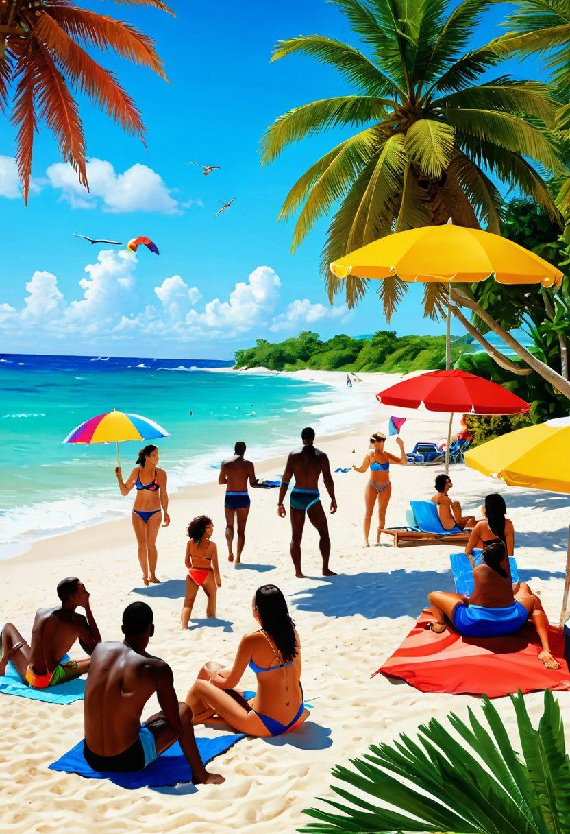 A playful beach scene featuring diverse individuals in stylish swimwear, engaging in various water activities like swimming and beach volleyball. Include vibrant colors, beach umbrellas, and tropical palm trees in the background. Capture a sense of camaraderie and freedom, with elements symbolizing adventure and fun. super-realistic. vibrant colors. beach setting.